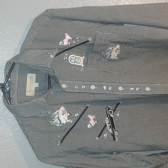 Vintage Poodle Girl Black and White Gingham Button Down Collar Top S - Picture 2 of 8